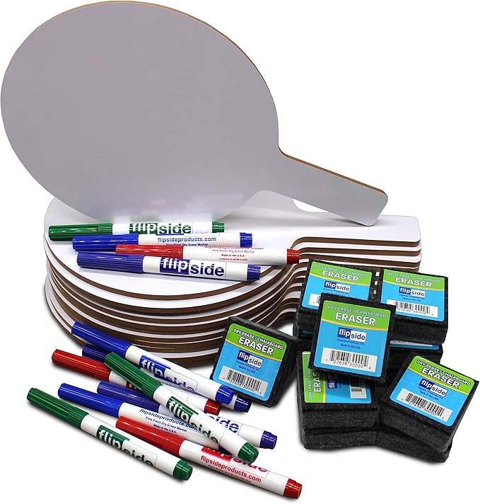 Flipside Products Oval Dry Erase Answer Paddles w/Assorted Color Dry Erase Marker and Erasers, Auction, Handheld Whiteboard, Handle Response Board, 36 Pieces, Set of 12