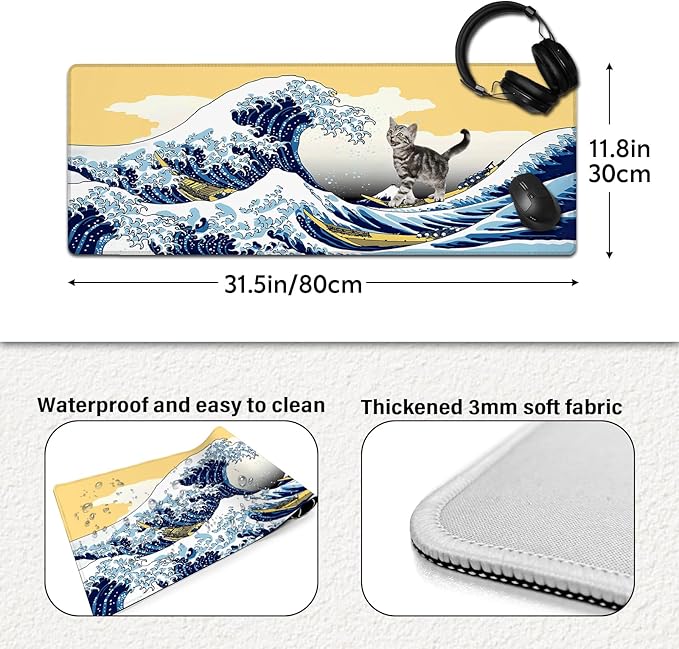 Funny Cat Surfing The Great Wave Off Kanagawa Mouse Pad - Large Non-Slip Desk Mat for Office, PC, Laptop - 31.5"x11.8" x 3mm
