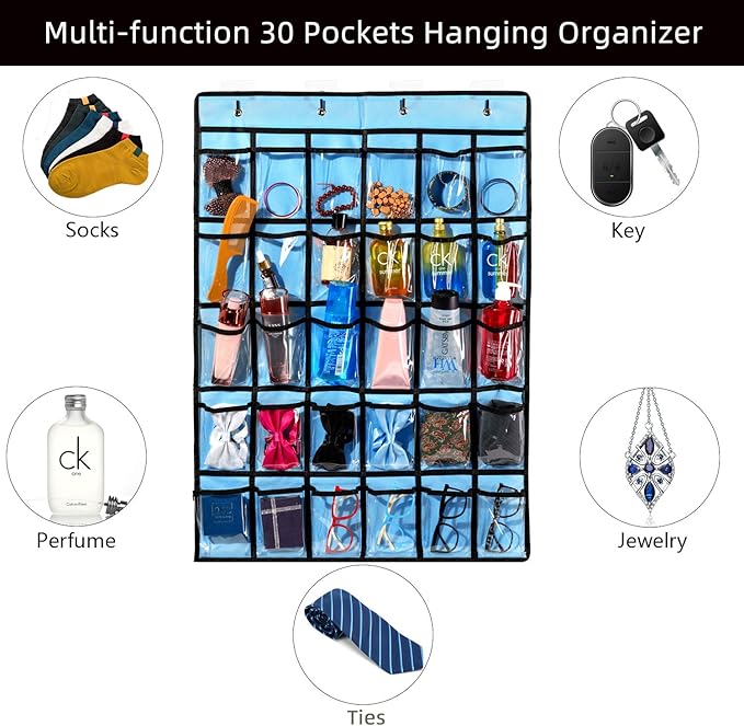 KEEPJOY Classroom Pocket Chart for Cellphone Calculator Holder, 30 Clear Pocket Charts for Classroom 33.5 x 24.5 inch Hanging cell phone Organizer Storage (Blue-30 pockets)