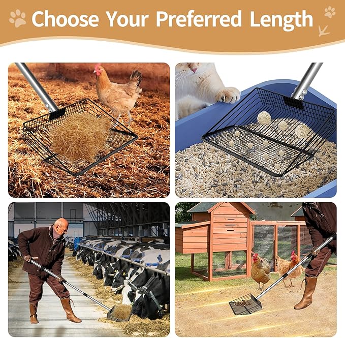Chicken Poop Scooper, 10inch Large Metal 36 to 63" Long Chicken Coop Litter Scoop with Stainless Steel Handle,4 in 1 Multifunctional Heavy Duty Litter Sifting Shovel Chicken Coop Accessories