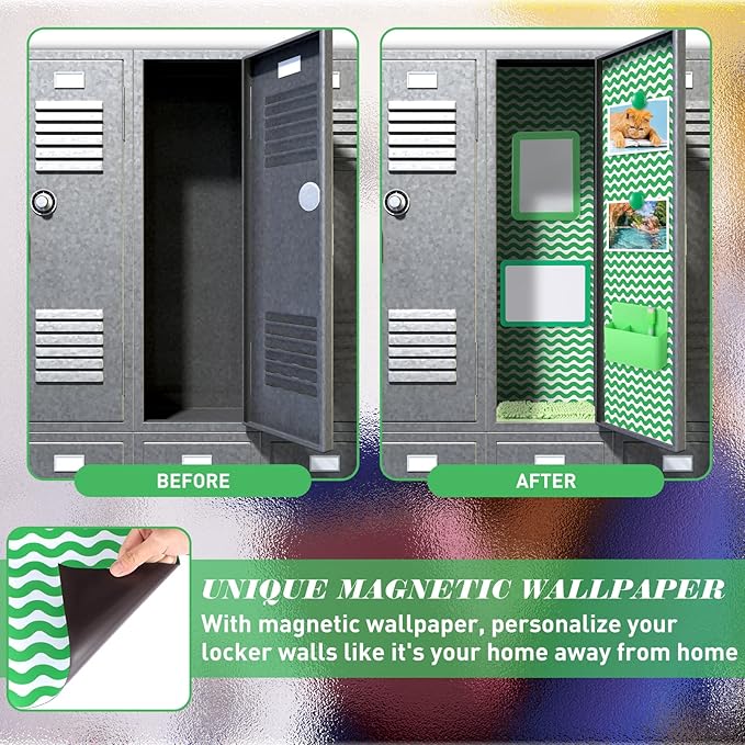 Timgle 8 Pcs Magnetic Locker Set Including Magnetic Wallpaper Mirror Locker Organizer Carpet Whiteboard Dry Erase Marker Accessories for Office School Supplies(Green,Wavy Style)