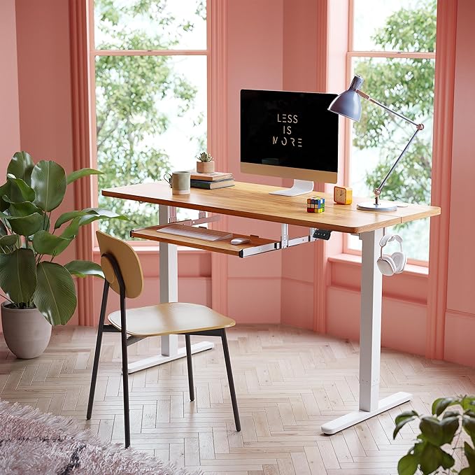 FEZIBO Standing Desk with Keyboard Tray, 55 x 24 Inch Adjustable Height Sit Stand Desk with Memory Presets for Home Office, Ergonomic Computer Workstation, Light Rustic