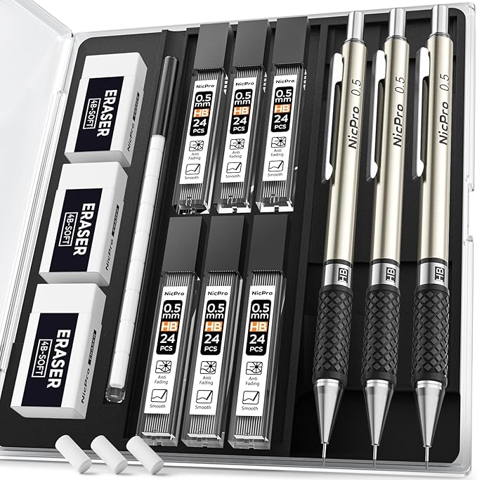 Nicpro 0.5 mm Mechanical Pencil Set, 3PCS HD1000 Art Mechanical Pencils 0.5 With 6 Tube HB Lead Refills, Eraser, Weatherproof Barrel Lead Pencil for Outdoor Writing Drafting Drawing Sketching