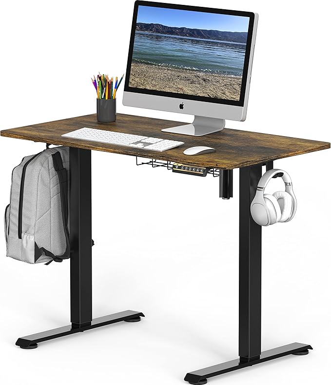 SHW 48-Inch Electric Height Adjustable Sit to Stand Desk with Hanging Hooks and Cable Management, Black Frame and Rustic Brown Top