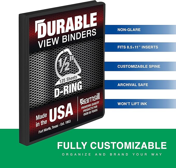 Samsill Durable 0.5 Inch Binder, Made in The USA, D Ring Binder, Customizable Clear View Cover, Charcoal Black, Holds 125 Pages