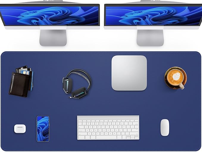 Extra Large Desk Pad Mat - Waterproof Mouse Pad & Desk Protector, Non-Slip XXL PU Leather Gaming Mat for Keyboard/Mouse, Stitched Edge with Ergonomic Support, 55"x24" (Blue)