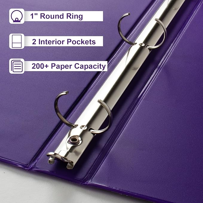 1-Inch Round Ring Binder, Standard 3 Ring Binder Fit Letter Size Paper, Presentation View Binders, 6-Pack, Purple
