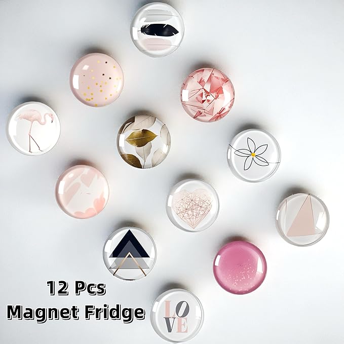 Cute Fridge Magnets, Round Crystal Glass Refrigerator Magnetic for Kitchen & Office Whiteboard Locker Accessories (12Pcs Pink)