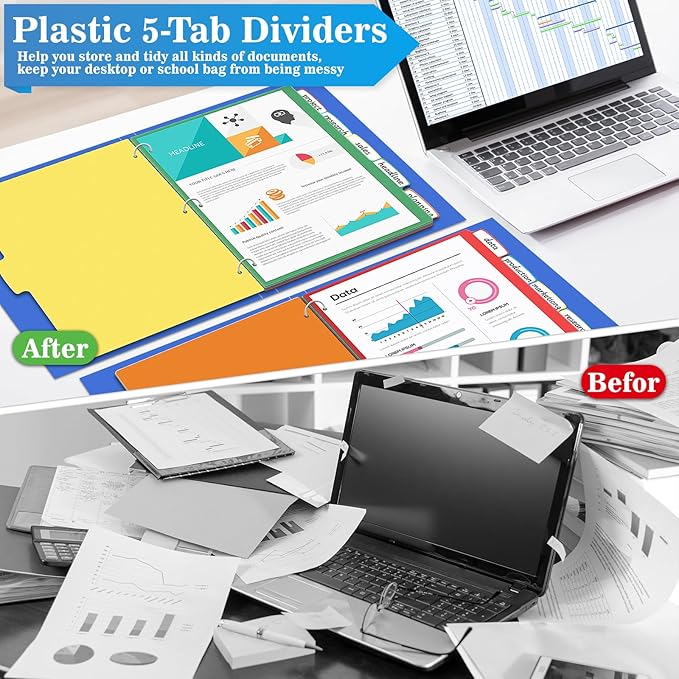 Jyusmile 12 Set Binder Dividers with 5 Tabs, Index Dividers for 3 Ring Binder, Multicolor Plastic Dividers with 3 Punch Holes, 60 Pcs Dividers for School & Office Supplies