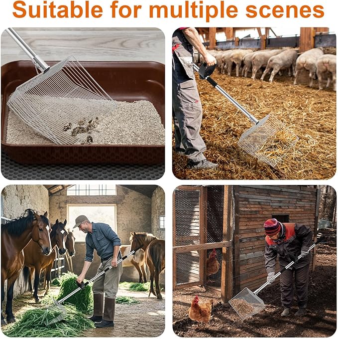 15-inch Large Chicken Poop Scooper with Ergonomic Grip, 4 in 1 Adjustable Chicken Coop Pooper Shovel (24 to 70"), Sifting Litter Shovel Scoop for Chicken Coop/Goat Stall/Stable Cleaning