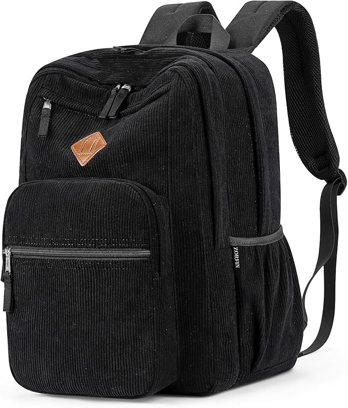 ZORFIN 26L Backpack for School, College, and Travel: Corduroy Bookbag with 8 Compartments - Black
