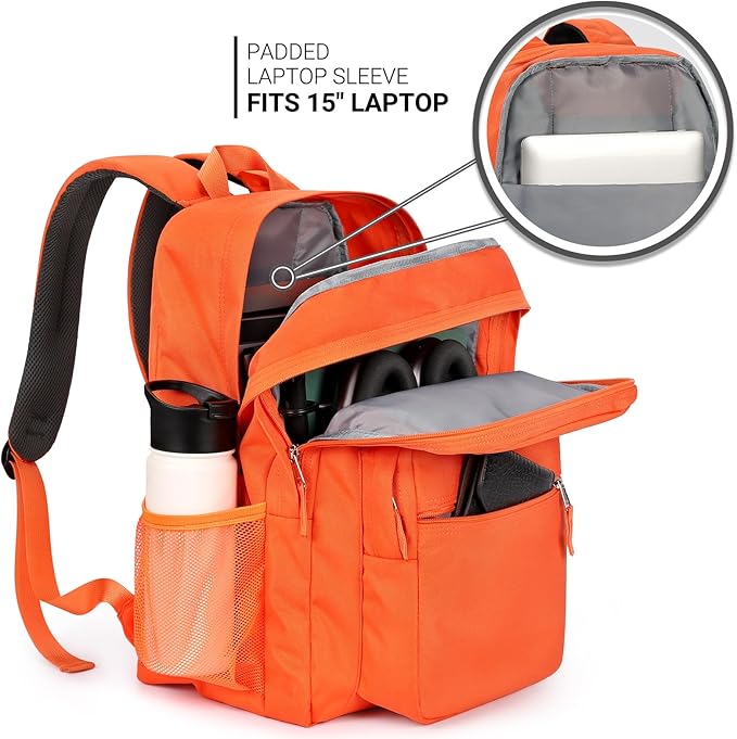 ZORFIN 26L Backpack for School, College, and Travel: Water Resistant Bookbag with 8 Compartments - Tangerine
