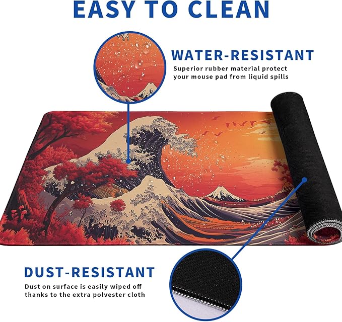 Red Japanese Sea Wave Mouse Pad Abstract Red Mouse Pad 31.5x11.8 Inch Texture Non-Slip Rubber Base Large Mousepad Stitched Edges Keyboard Mouse Mat Desk Pad for Office and Home