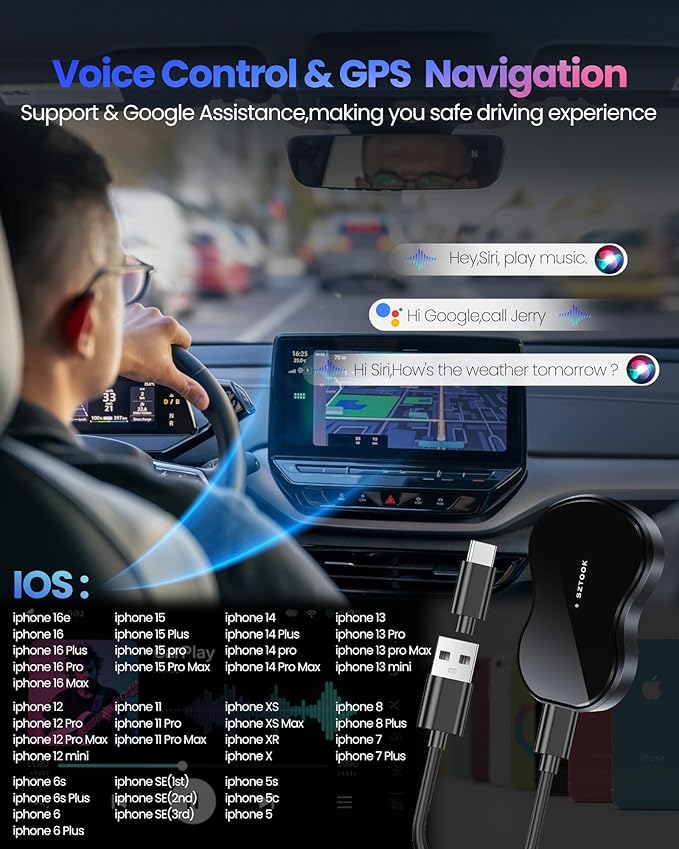 Wireless Carplay Adapter Plug & Play for Apple iPhone iOS 10+ & Cars from 2016+, Auto-Connect Stable Control & No Latency Mini Size with Extension Cable USB & USB-C/Type-C