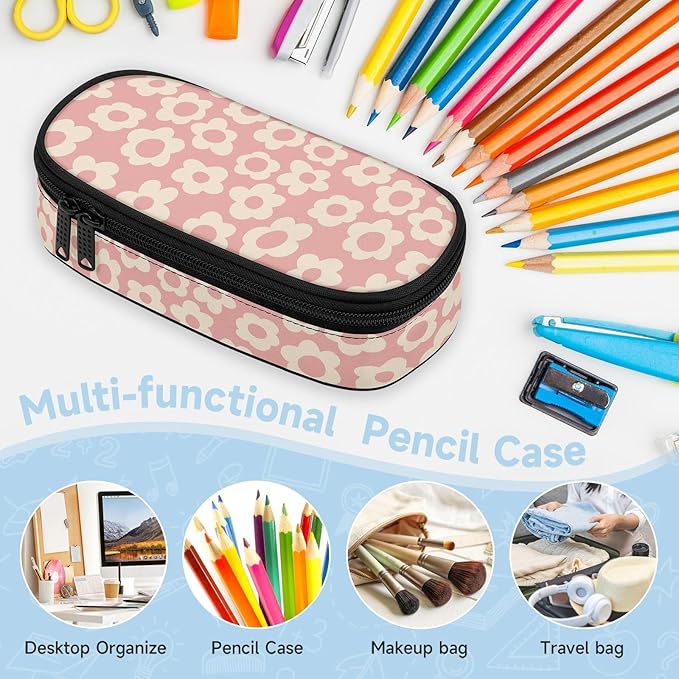 Pink Groovy Flowers Large Pencil Pouch Big Capacity Cute Pencil Case for Girls Boys Teen Women Men Adult, Portable Kids Pencil Bag with Zipper, Stationery Storage Pen Bag for School Office Organizer