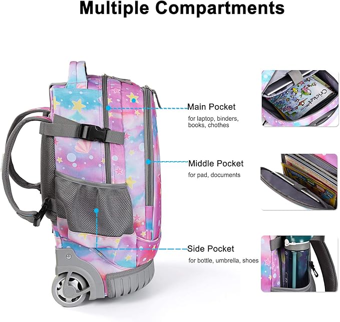 Tilami Rolling Backpack 19 inch with Lunch Bag Wheeled Laptop Backpack (Tail Pink)
