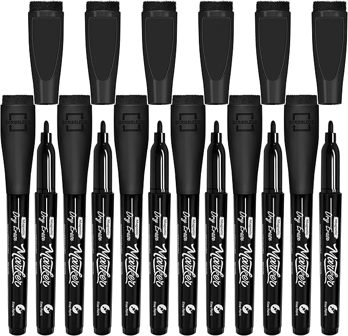 Scribbledo 12 Pack Magnetic Dry Erase Markers Black Fine Tip Whiteboard Markers with Eraser Cap Thin Low Odor Skinny White Board Markers for Adults Students Teachers Kids Art Home School & Office