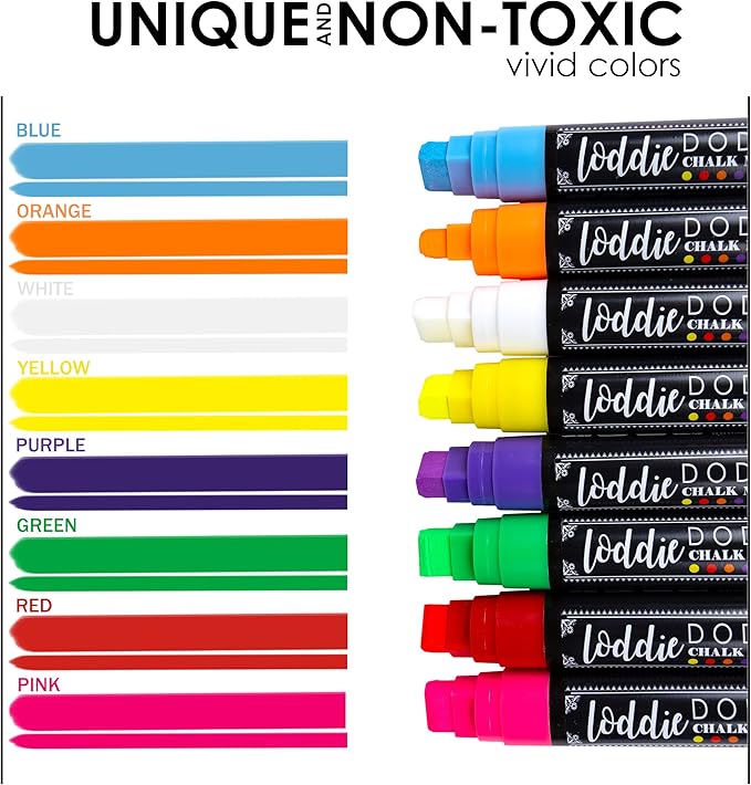 Loddie Doddie Jumbo Chalkboard Markers Pack - 8 Count Multicolor 15mm Chisel Tip - Erasable Neon Liquid Chalk Markers for Glass, Blackboard & Signs