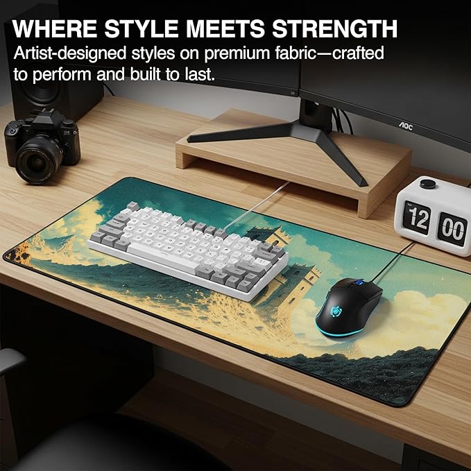 MPCO. Dark Fantasy Large Gaming Desk Pad - 36" x 17" Aeroglyde Fabric Castle of Shifting Sands Desk Mats - Non-slip, Washable, Smooth Glide for Precision Gaming & Work
