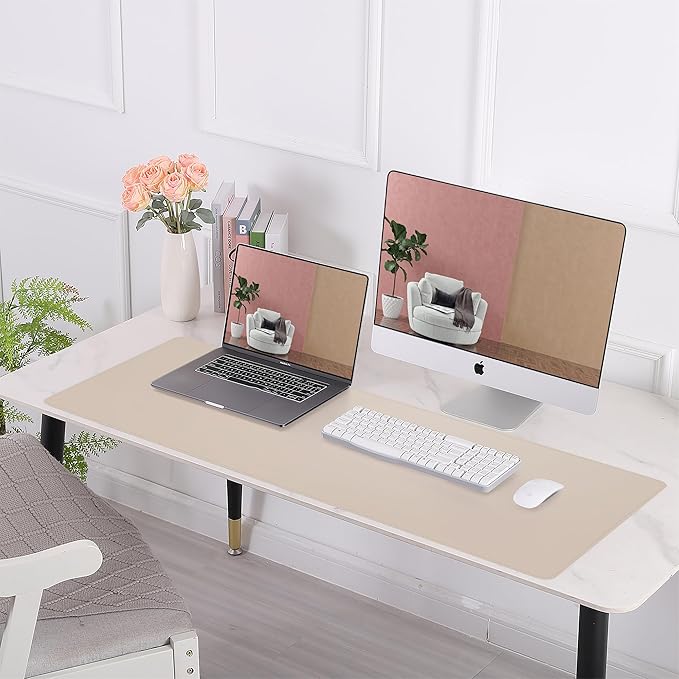 AFIING Leather Desk pad Protector, Large Non-Slip Office Desk Mat with Natural Cork & PU Leather, Waterproof Writing Mouse Pad for Office and Home (23.6in*13.7in, Beige)