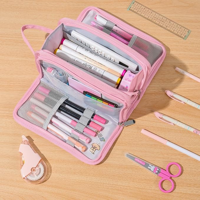 Sooez Large Pencil Case, Big Capacity Pencil Pouch Pen Bag with 3 Compartment, Portable Canvas Stationery Organizer with Zipper, Cute Aesthetic School Supplies for Teen Girls College, Pure Purple