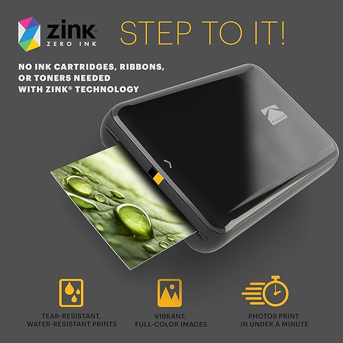 KODAK Step Instant Smartphone Photo Printer - Portable Mini Color Wireless Mobile Printer - Zink 2x3” Sticky-Back Photos - Bluetooth Compatible with iOS & Android Devices - Fun Editing App - Black