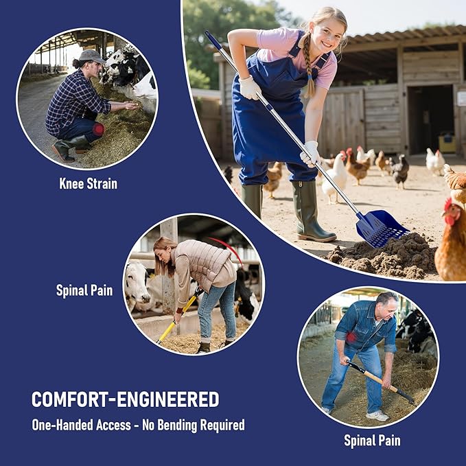 Chicken Poop Scooper & Rake 2-in-1 Chicken Coop Scoop 3-Shape Sifting Holes Chicken Coop Rake 39 to 68" Adjustable Stainless Steel Handle Litter Shovel for Chicken Coops & Small Farm Animals