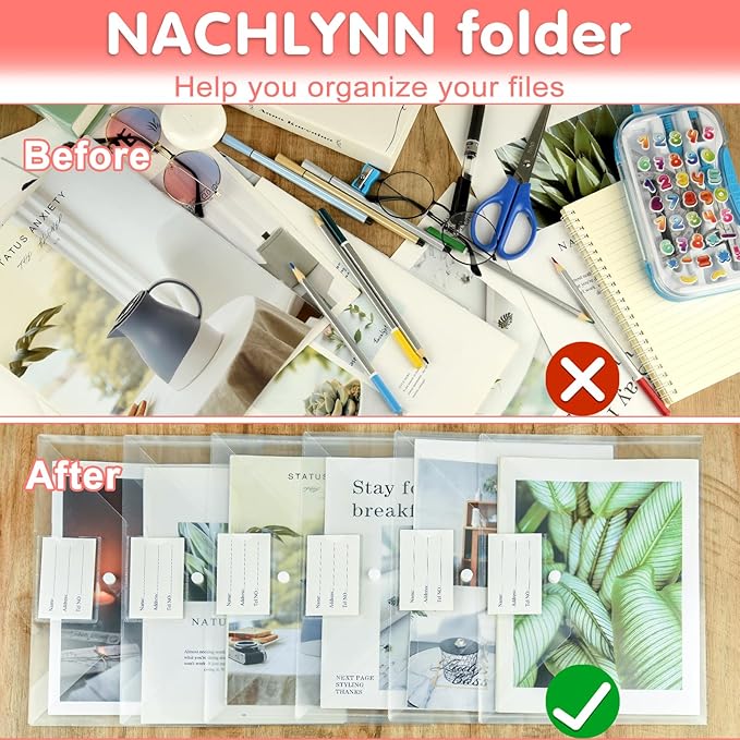 NACHLYNN 108 Pack Plastic Envelopes Plastic Folders with Snap Closure, A4 Size Clear File Envelopes with Label Documents Folders Organizers for Home Work Office Organization