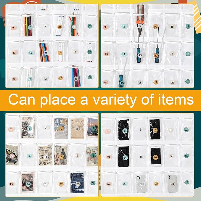 36 Pocket Chart for Cell Phones Calculator Holder Organizer with 36 Number Stickers and 4 Hooks for Calculator Clear Classroom Pocket Chart for Cell Phones(Boho)