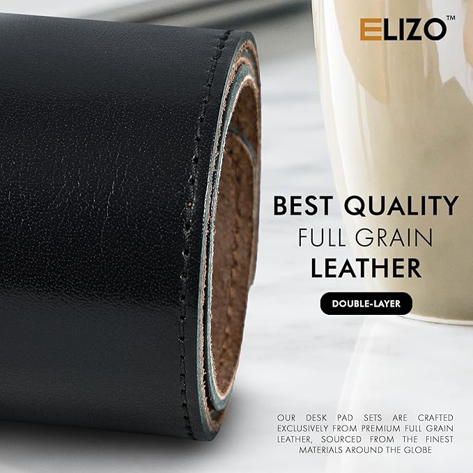 Elizo Leather Desk Mat Desk Pad Blotter Set - Real Full-Grain Leather (32x16) 2-Layer Genuine Desk Cover Protector & Large Mouse Pad | Computer Keyboard Desk Accessories for Office & Home