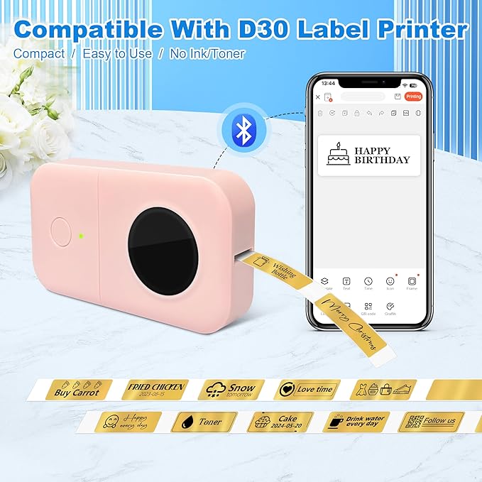 PARLAIM Label Maker Tape,Thermal Label 0.55"X1.18" (14mm X 30mm) 210 Labels/Roll,Thermal Sticker Compatible with D30 Label Printer,Self-Adhesive Label Tape for for Home Office Small Business(Gold)