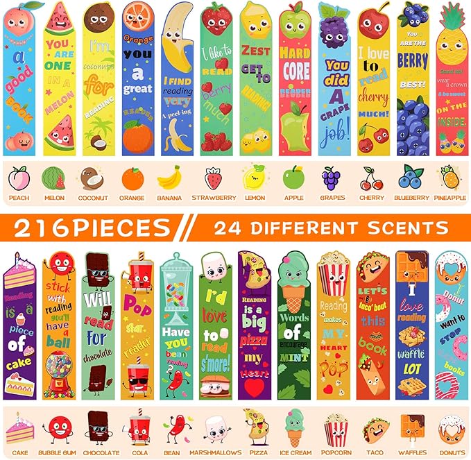 Geyee 216 Pcs Fruit Scented Bookmarks Scratch and Sniff Bookmarks Fun Classroom Smelly Bulk for Kids Students Teens School, 24 Styles