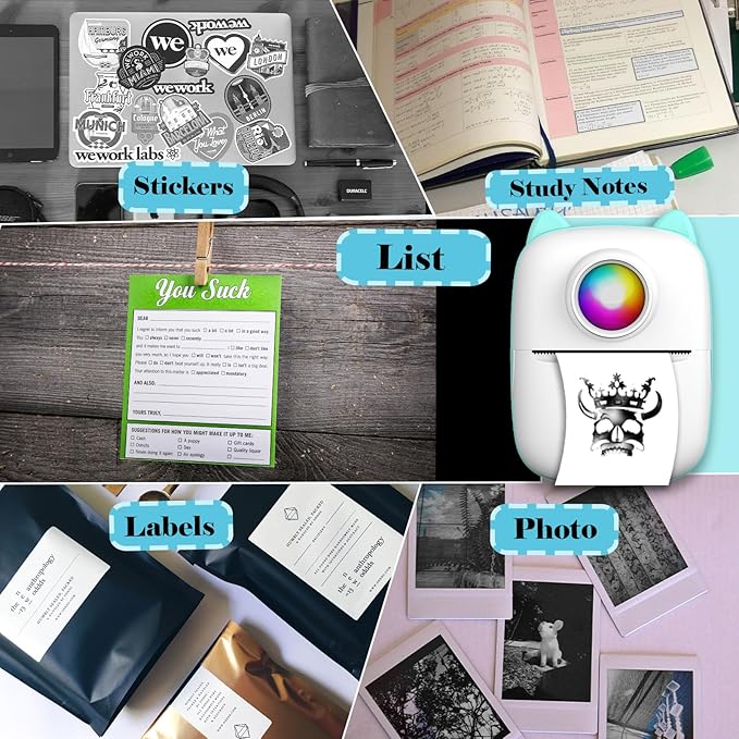 Sticker Printer, Inkless Portable Maker Machine with 11 Rolls Paper, Mini Printer Pocket Thermal Bluetooth Machine with Multiple Templates for Study Notes, Photo, DIY, Gifts for Girls Kids