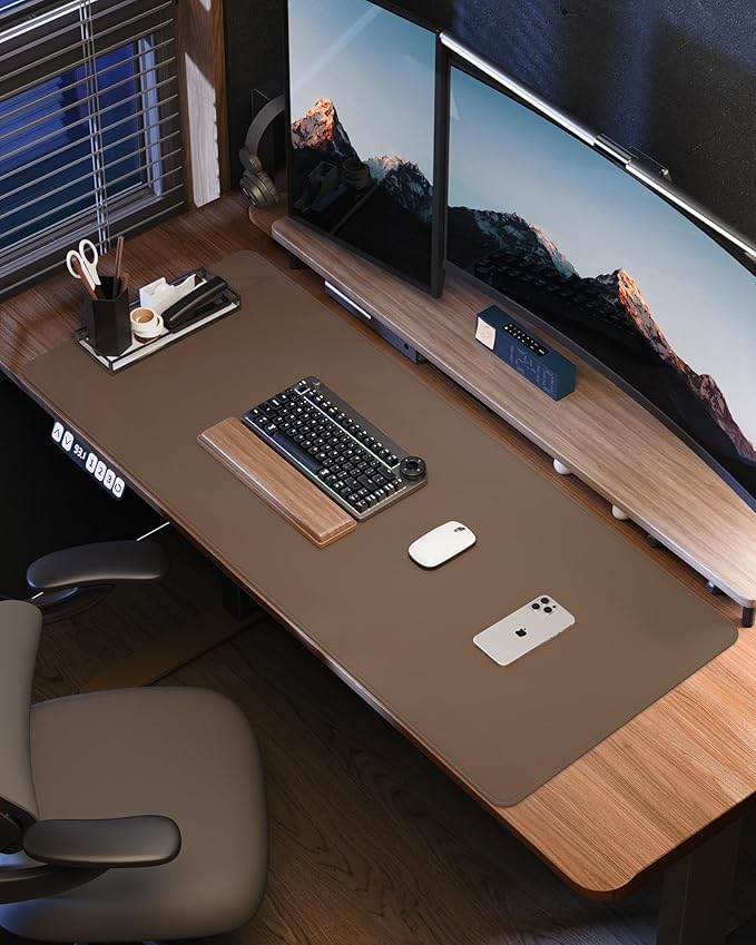 Leather Desk Pad Protector- 48" x 17" Office Desk Mat, Non-Slip PU Leather Mouse Pad, Waterproof Desk Blotter Mat, Desk Cover for Office and Home (Dark Khaki)