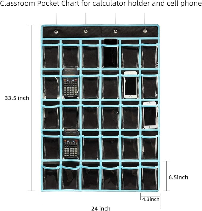 KEEPJOY Classroom Pocket Chart Organizer,Cell Phones Calculator Holder for Classroom Storage, Hanging Wall Door Calculator Phone Caddy for Classroom. (30 Pockets-Black)