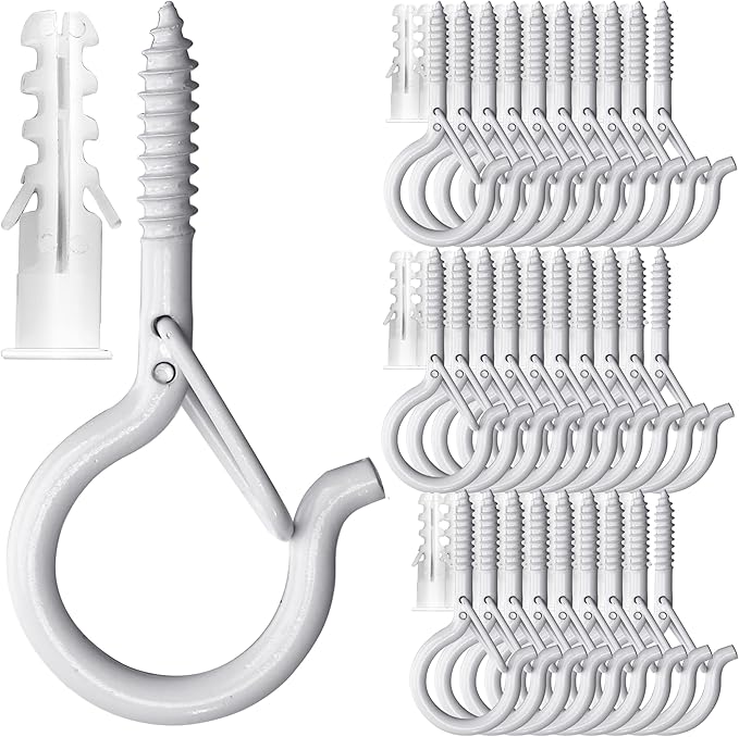 PlusRoc 30 Pack String Lights with Hooks for Hanging Plants Outdoor: 2.2 Inch White Cup Hooks, Wall & Ceiling Mount