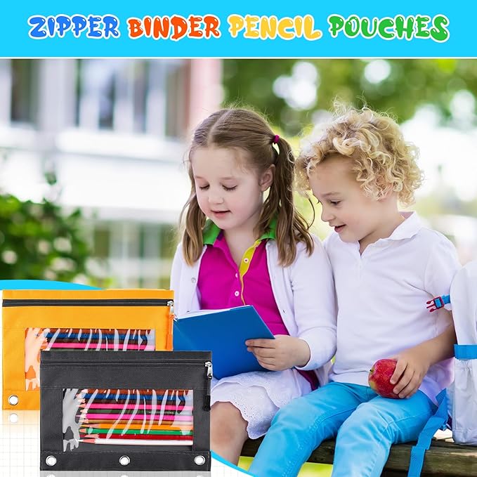 Zhehao 100 Pieces Zipper Binder Pencil Pouches Bulk 3 Ring Binder Pouches Zipper Pouches Case with Window Ring Binder Pencil Bags Case Office School Supplies (8 Colors,Single Layer)