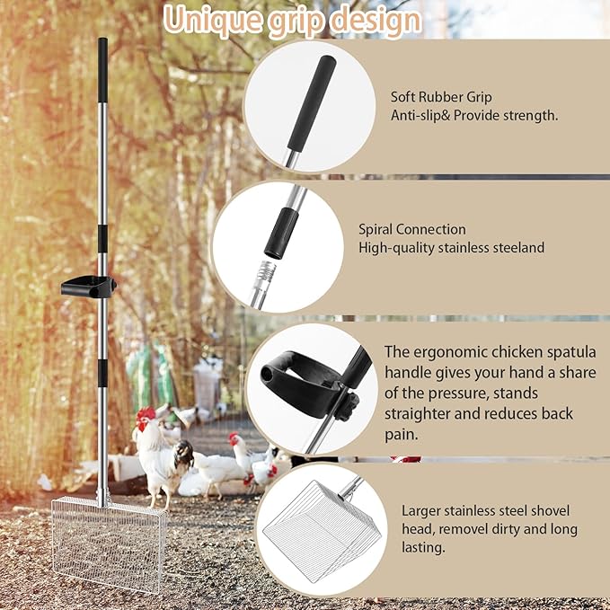 15-inch Large Chicken Poop Scooper with Ergonomic Grip, 4 in 1 Adjustable Chicken Coop Pooper Shovel (24 to 70"), Sifting Litter Shovel Scoop for Chicken Coop/Goat Stall/Stable Cleaning