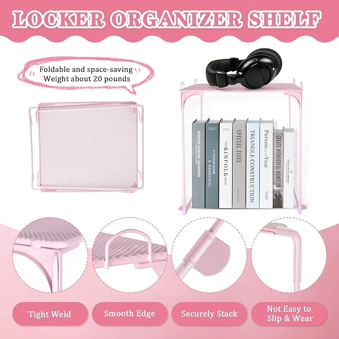 16 Pcs Pink Locker Accessories for Girls, Locker Organizer & Decorations with Shelf, Rug, Magnetic Wallpaper, Mirror, Whiteboard, Pen Holder, Markers, Magnets for Back to School Office Gym