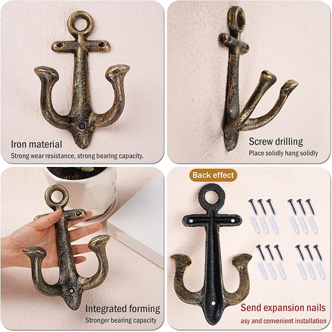 Notakia Decorative Wall Mounted Antique Shabby Chic Metal Home Bathroom Towel Coat Hooks Hanger, Vintage Rustic Cast Iron Wall Hooks (Large Nautical Towel Hooks 4Pcs)