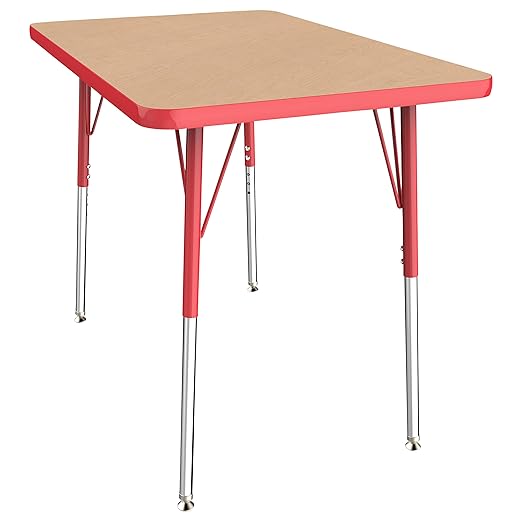 Factory Direct Partners FDP Rectangle Activity School and Office Table (24 x 36 inch), Standard Legs with Swivel Glides, Adjustable Height 19-30 inches - Maple Top and Red Edge