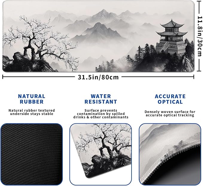 Pagoda Mouse Pad Abstract Cherry Blossom Watercolor Mouse Pad 31.5x11.8 Inch Texture Non-Slip Rubber Base Large Mousepad Stitched Edges Keyboard Mouse Mat Desk Pad for Office