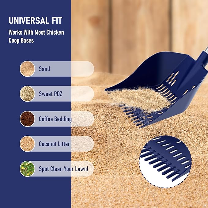 Chicken Poop Scooper & Rake 2-in-1 Chicken Coop Scoop 3-Shape Sifting Holes Chicken Coop Rake 39 to 68" Adjustable Stainless Steel Handle Litter Shovel for Chicken Coops & Small Farm Animals