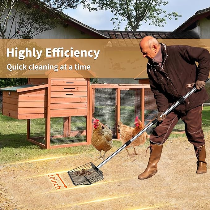 Chicken Poop Scooper, 10inch Large Metal 36 to 63" Long Chicken Coop Litter Scoop with Stainless Steel Handle,4 in 1 Multifunctional Heavy Duty Litter Sifting Shovel Chicken Coop Accessories