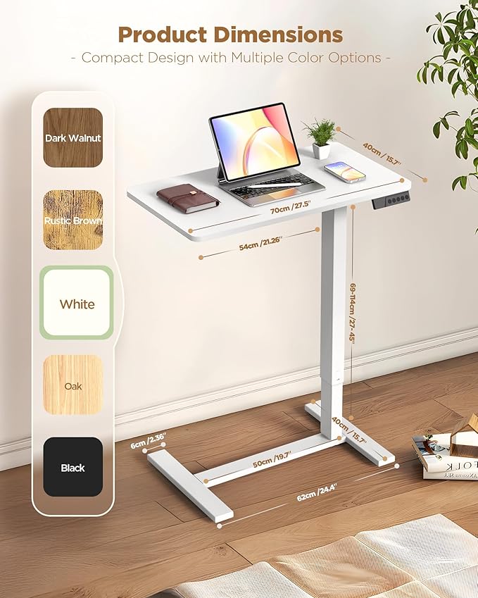 Electric Adjustable Height Standing Desk - Small Sit Stand Portable Rolling Laptop Table with Hidden Wheels, Small Computer Workstation for Bedside & Home Office Use (28"x16", White)