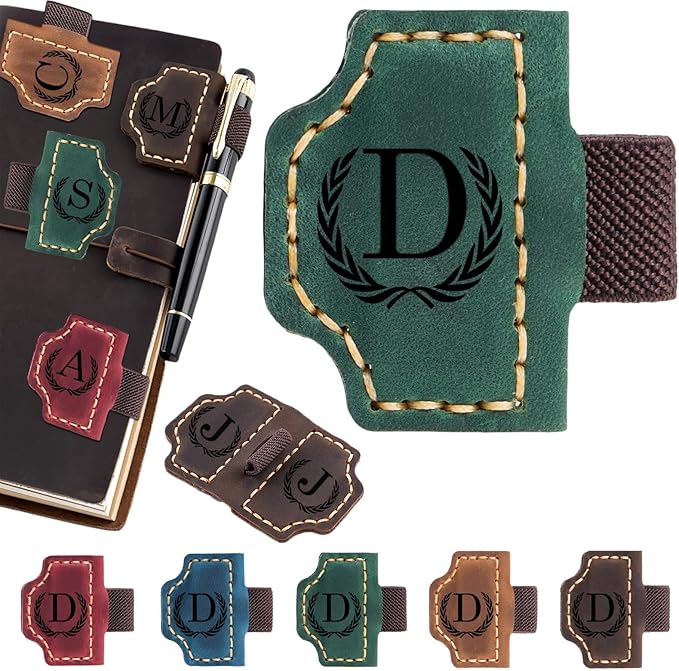Artlaza Personalized Magnetic Leather Bookmark with Pen Holder - 26 Letters Custom Book Mark with Name Initial Engraved Book Marker for Readers, Book Lovers, Travelers - Gift for Women & Men(Green,D
