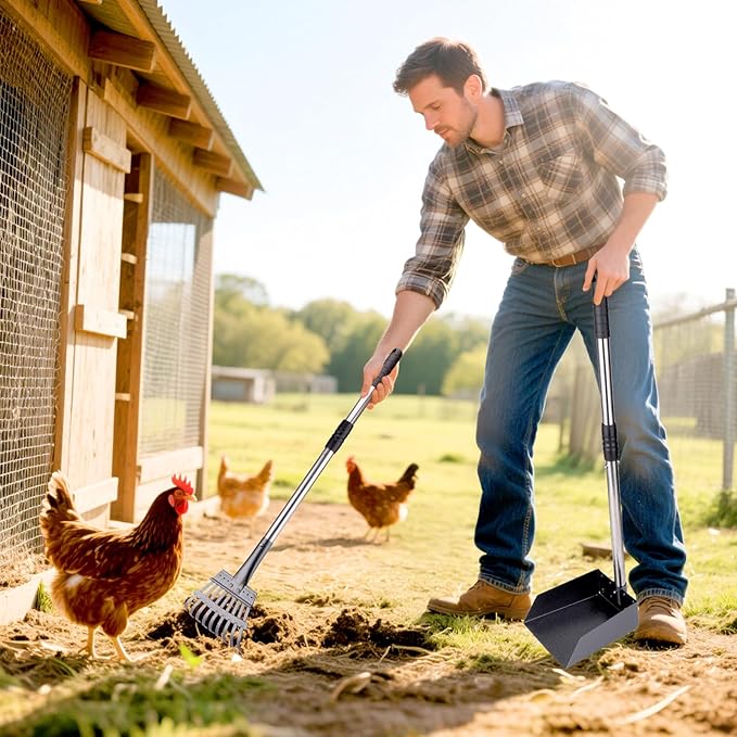 BABORUI Metal Chicken Poop Scooper Kit – Adjustable Height 15"-38", Heavy-Duty Rake & Shovel Set for Chicken Coop Cleaning, Detachable Stainless Steel Poop Shovel for Chicken Coop Accessories