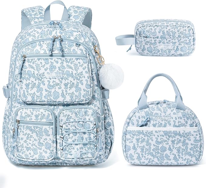 Fimibuke School Backpack for Girls Boys - 3PCS Corduroy Kids Backpack Set with Lunch Box & Pencil Pouch, Lightweight Teen Girls School Bag Laptop Bag Travel Daypack for Elementary Middle High School