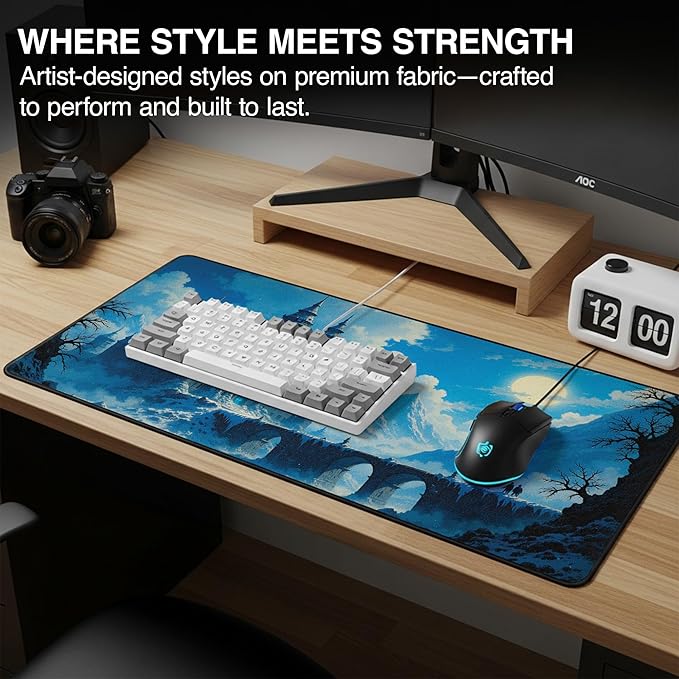 MPCO. Dark Fantasy Large Gaming Desk Pad - 36" x 17" Aeroglyde Fabric The Frost King’s Castle Desk Mats - Non-slip, Washable, Smooth Glide for Precision Gaming & Work