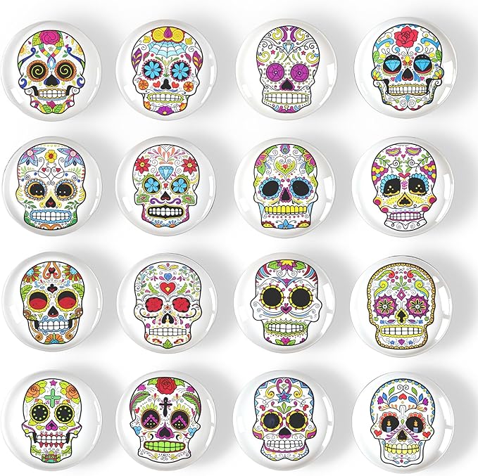 16psc Halloween Horror Fridge Magnets, Cute Fun Crystal Glass Strong Refrigerator Magnets for Locker Whiteboard Office (Sugar Skull)